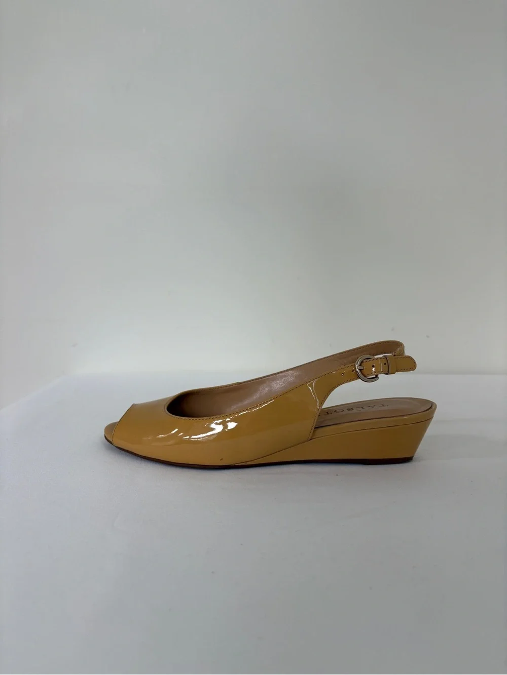 Talbots Mustard Yellow Patent Peep-Toe Slingback Wedge Leather